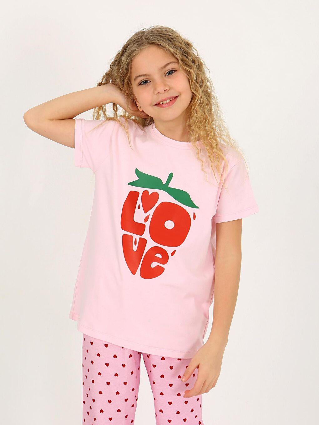 Pembe Kız Çocuk Kısa Kollu %100 Pamuklu Pijama Takımı Cute Love-5