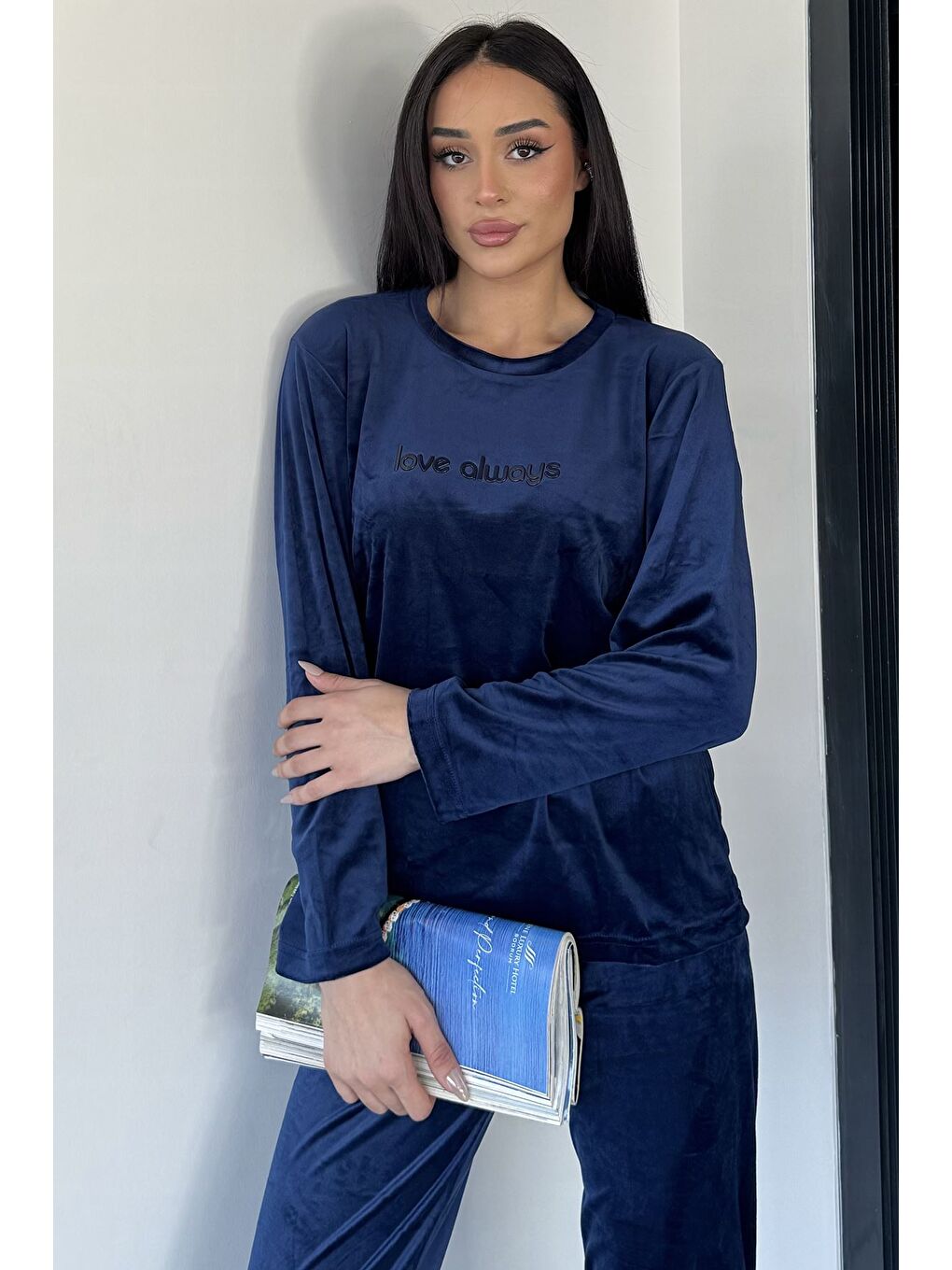 Lacivert Kadın Baskılı Kadife Sweat Pantolon İkili Takım-1