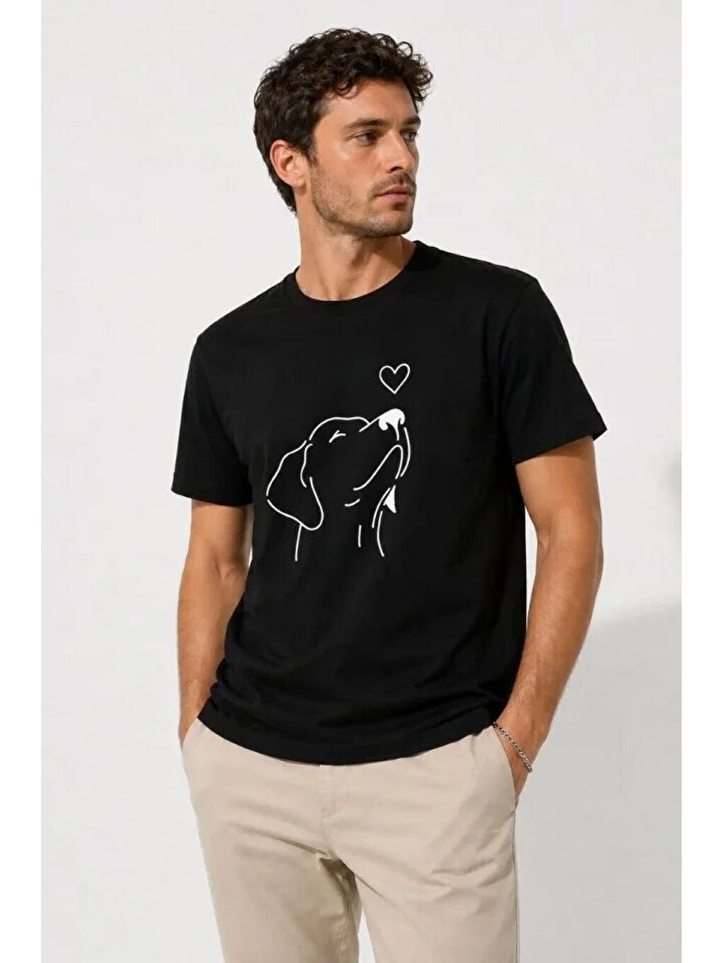 Erkek Köpek Figürlü Minimal Baskılı Tişört Kısa Kol Yazlık T-Shirt - Siyah-1