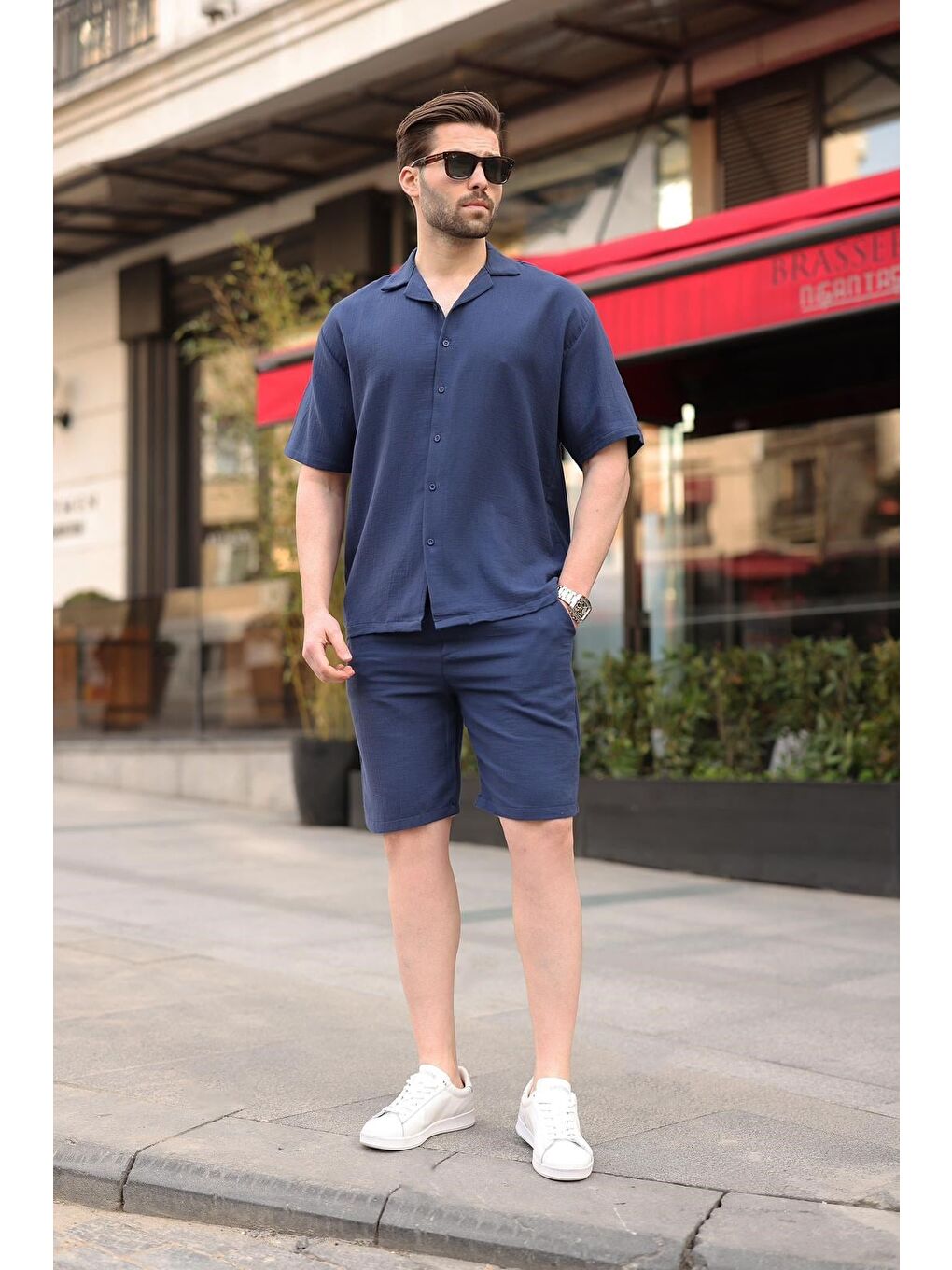 Lacivert %100 Pamuklu Erkek Şort Gömlek Takım E7360-1