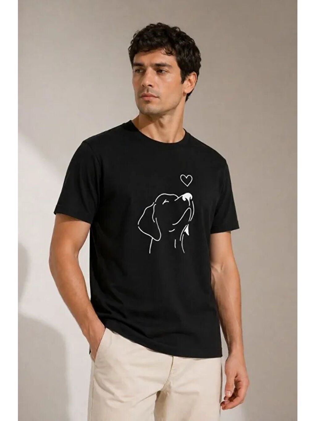 Erkek Köpek Figürlü Minimal Baskılı Tişört Kısa Kol Yazlık T-Shirt - Siyah-2