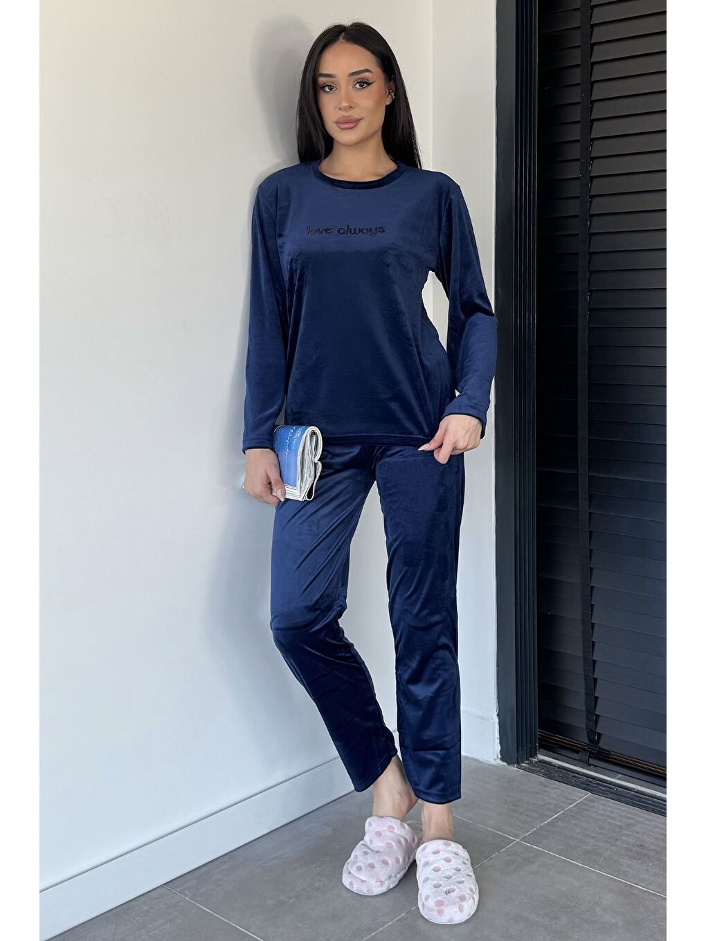 Lacivert Kadın Baskılı Kadife Sweat Pantolon İkili Takım-2