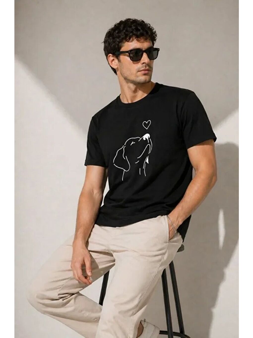 Erkek Köpek Figürlü Minimal Baskılı Tişört Kısa Kol Yazlık T-Shirt - Siyah-3