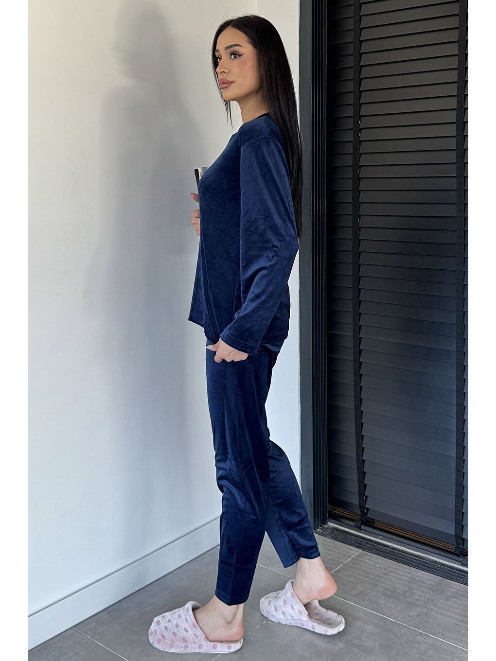 Lacivert Kadın Baskılı Kadife Sweat Pantolon İkili Takım-3