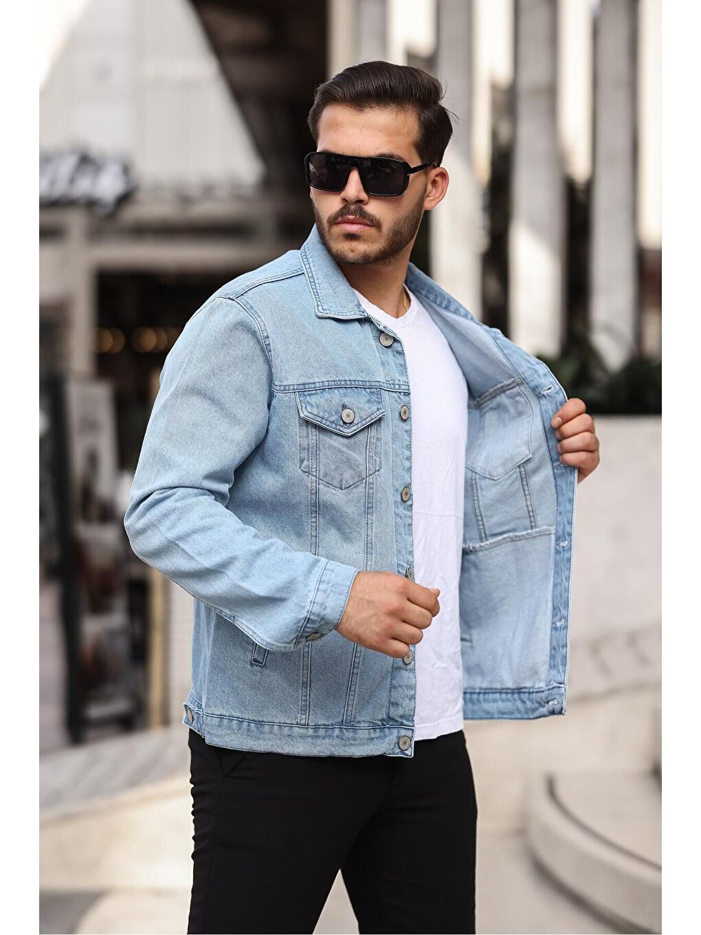 Beyaz Erkek Trend Polo Yaka Slim Fit Denim Jeans Açık Mavi Jean Ceket-1