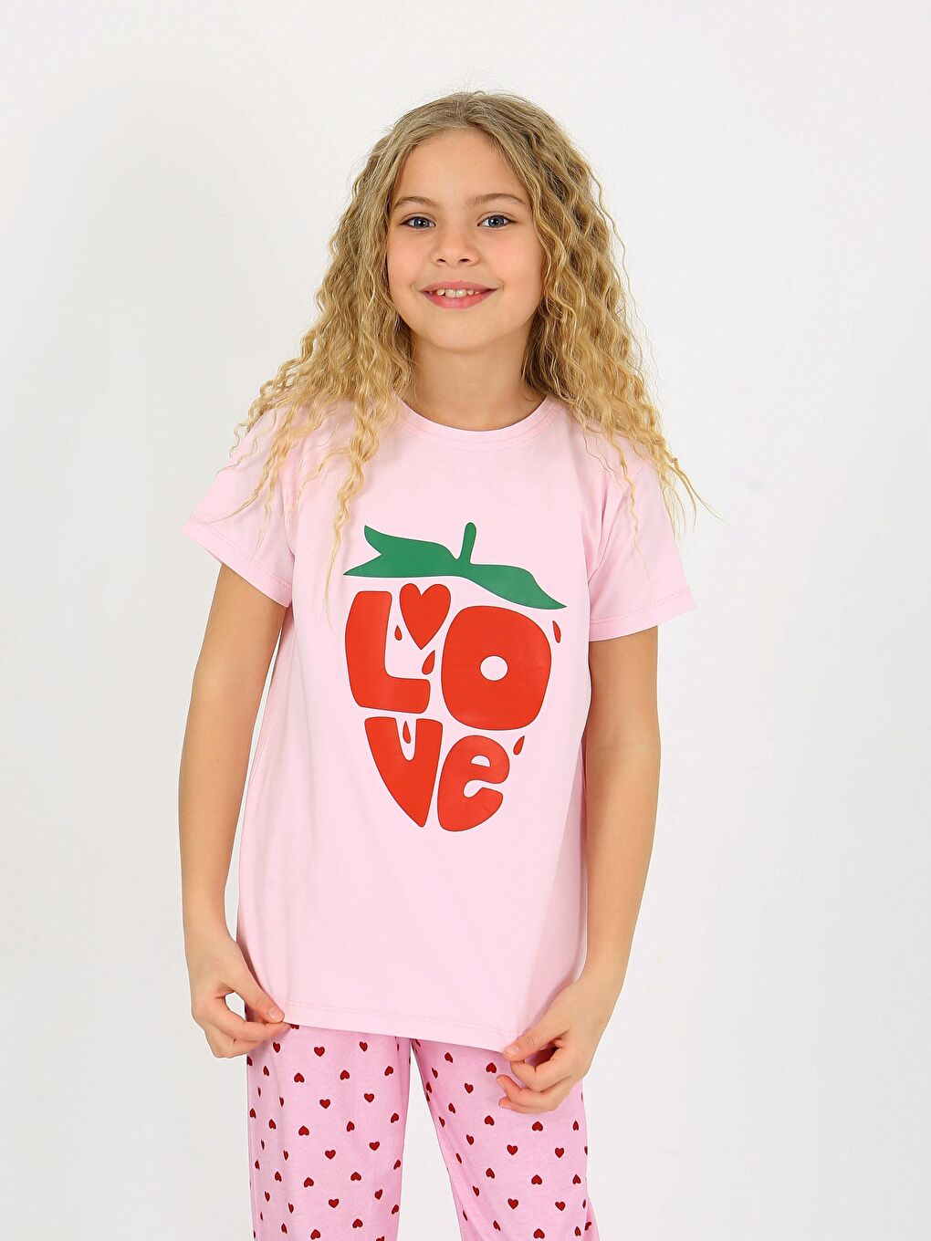 Pembe Kız Çocuk Kısa Kollu %100 Pamuklu Pijama Takımı Cute Love-6