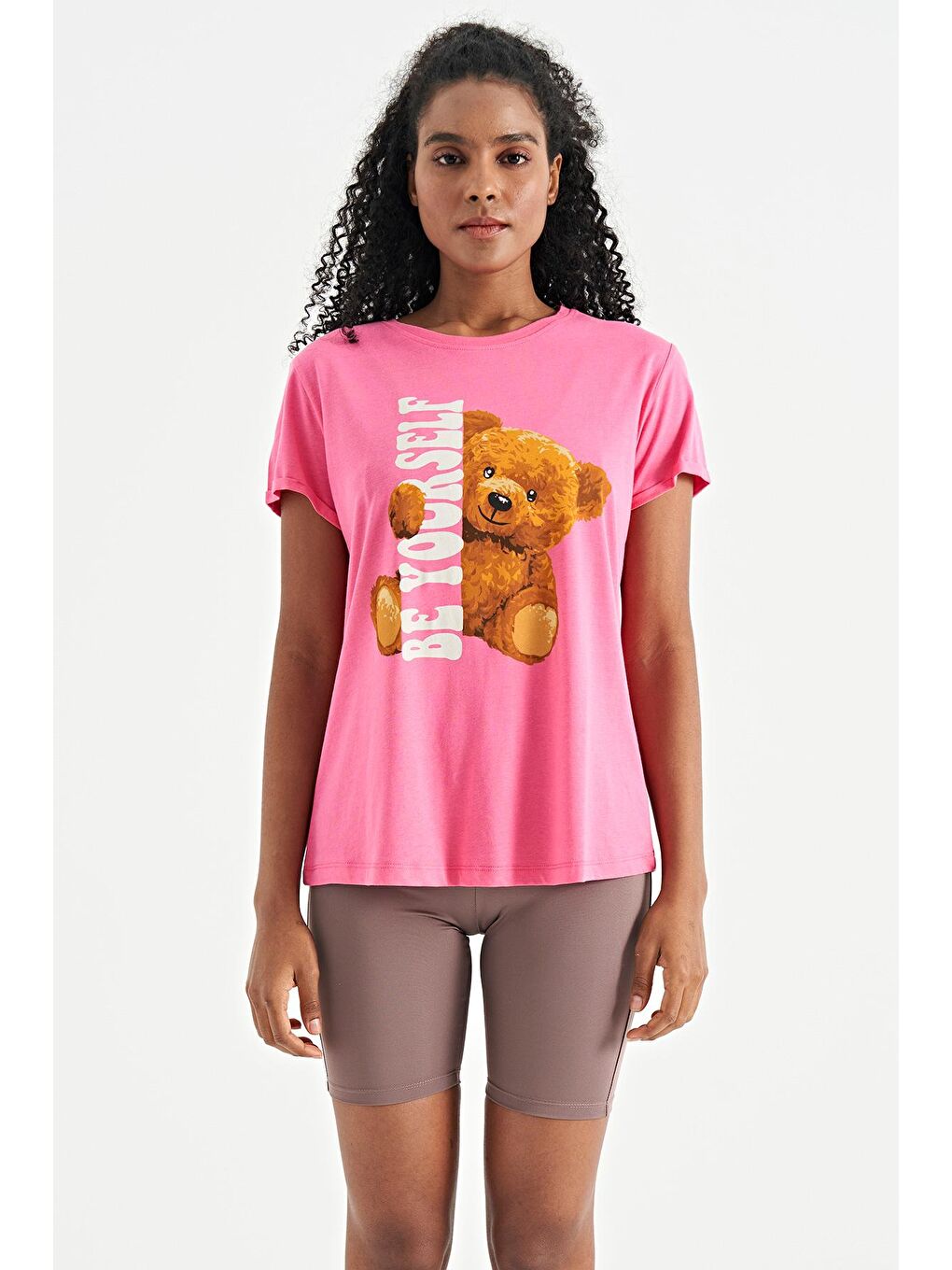 Veryperi Koyu Pembe Şeker Pembe Ayıcık Baskılı Kısa Kollu O Yaka Oversize Kadın T-Shirt - 02242