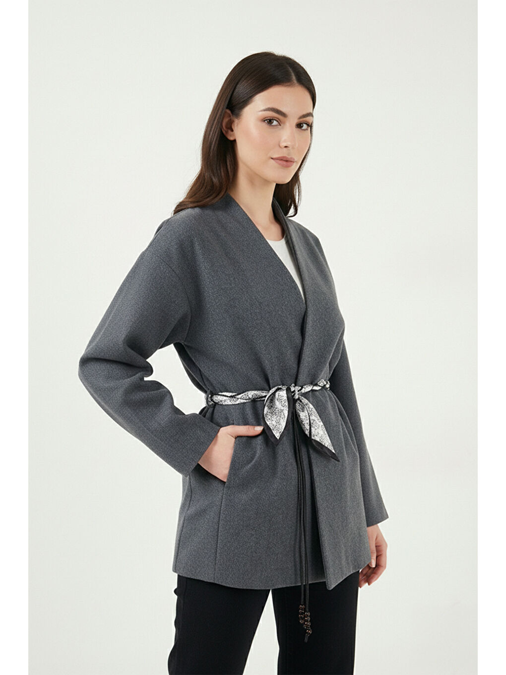 Antrasit Regular Fit Kruvaze Yaka Fular Kemerli Kadın Blazer Ceket 6927673-1