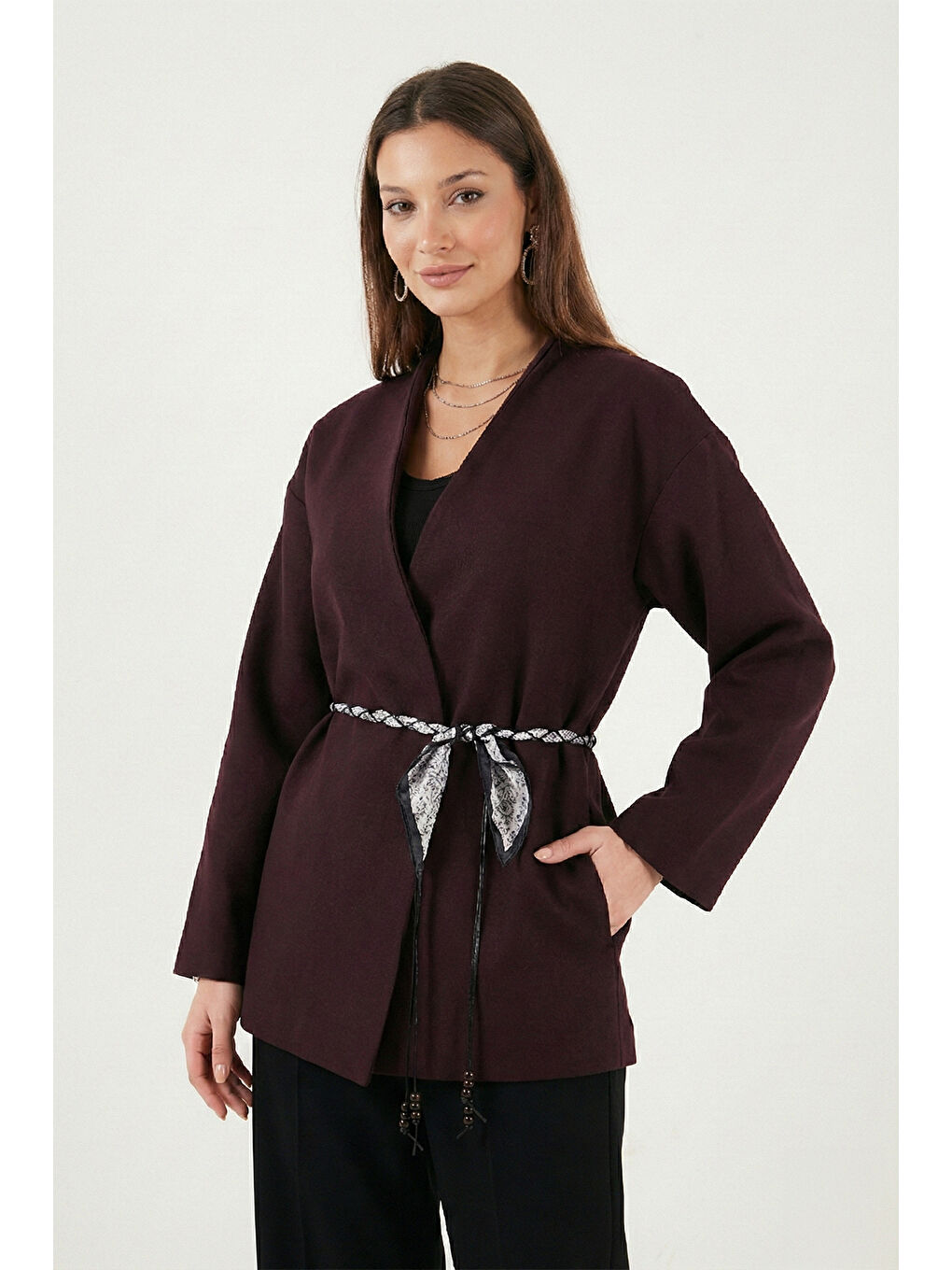 Mürdüm Regular Fit Kruvaze Yaka Fular Kemerli Kadın Blazer Ceket 6927673-3