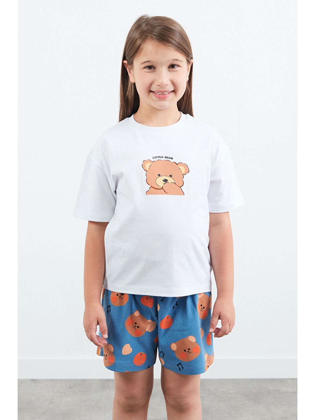 İndigo %100 Pamuk Ayıcık Baskılı Unisex Şortlu Pijama Takımı-1