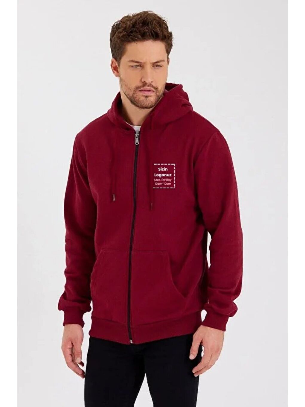 Unisex Tam Fermuarlı Kapşonlu Özel Tasarım SweatShirt - Bordo-1