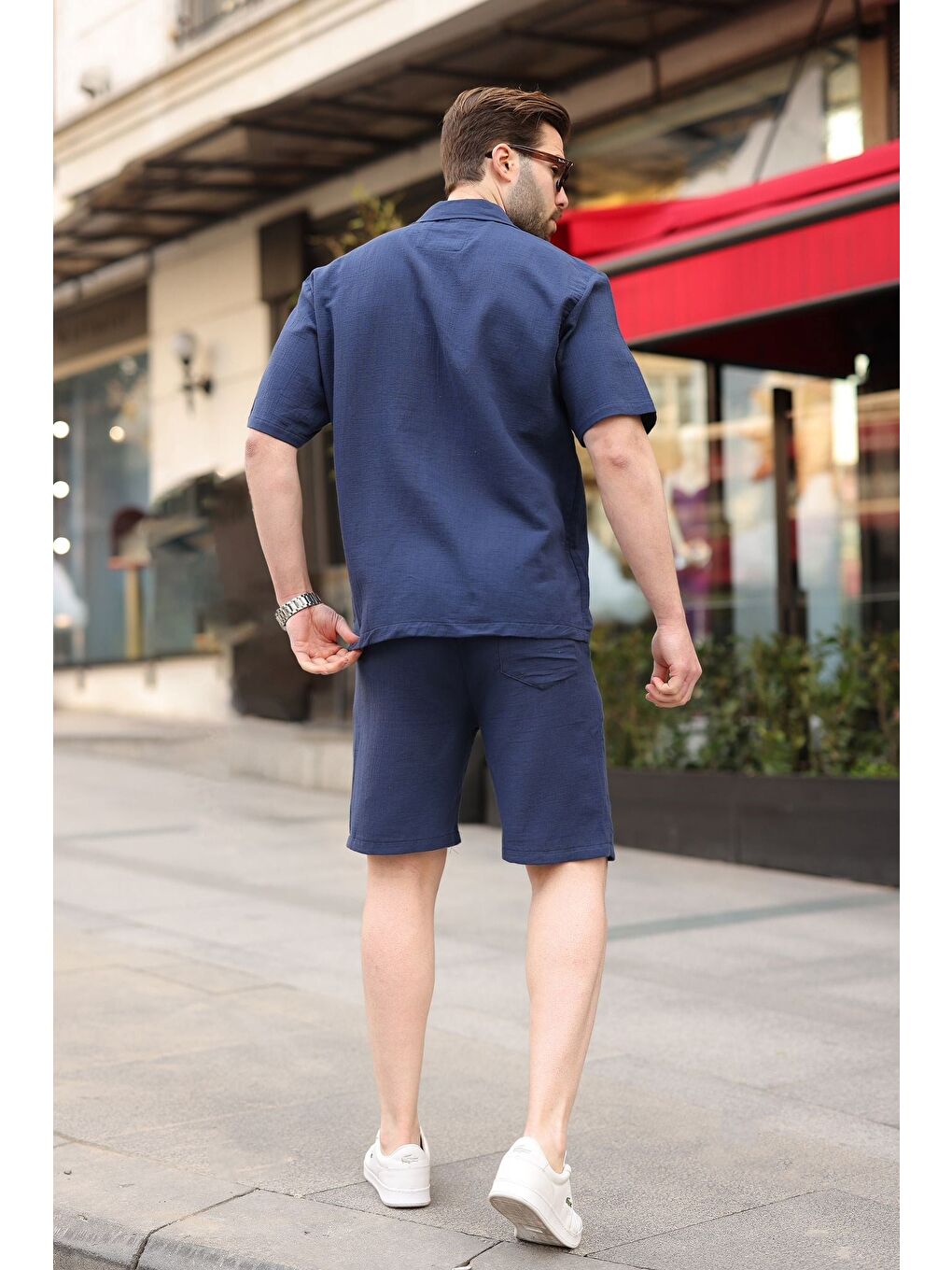 Lacivert %100 Pamuklu Erkek Şort Gömlek Takım E7360-3