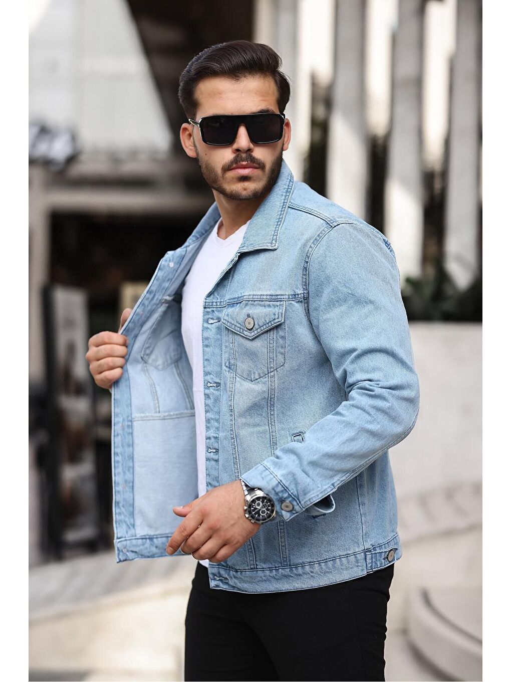 Beyaz Erkek Trend Polo Yaka Slim Fit Denim Jeans Açık Mavi Jean Ceket-2