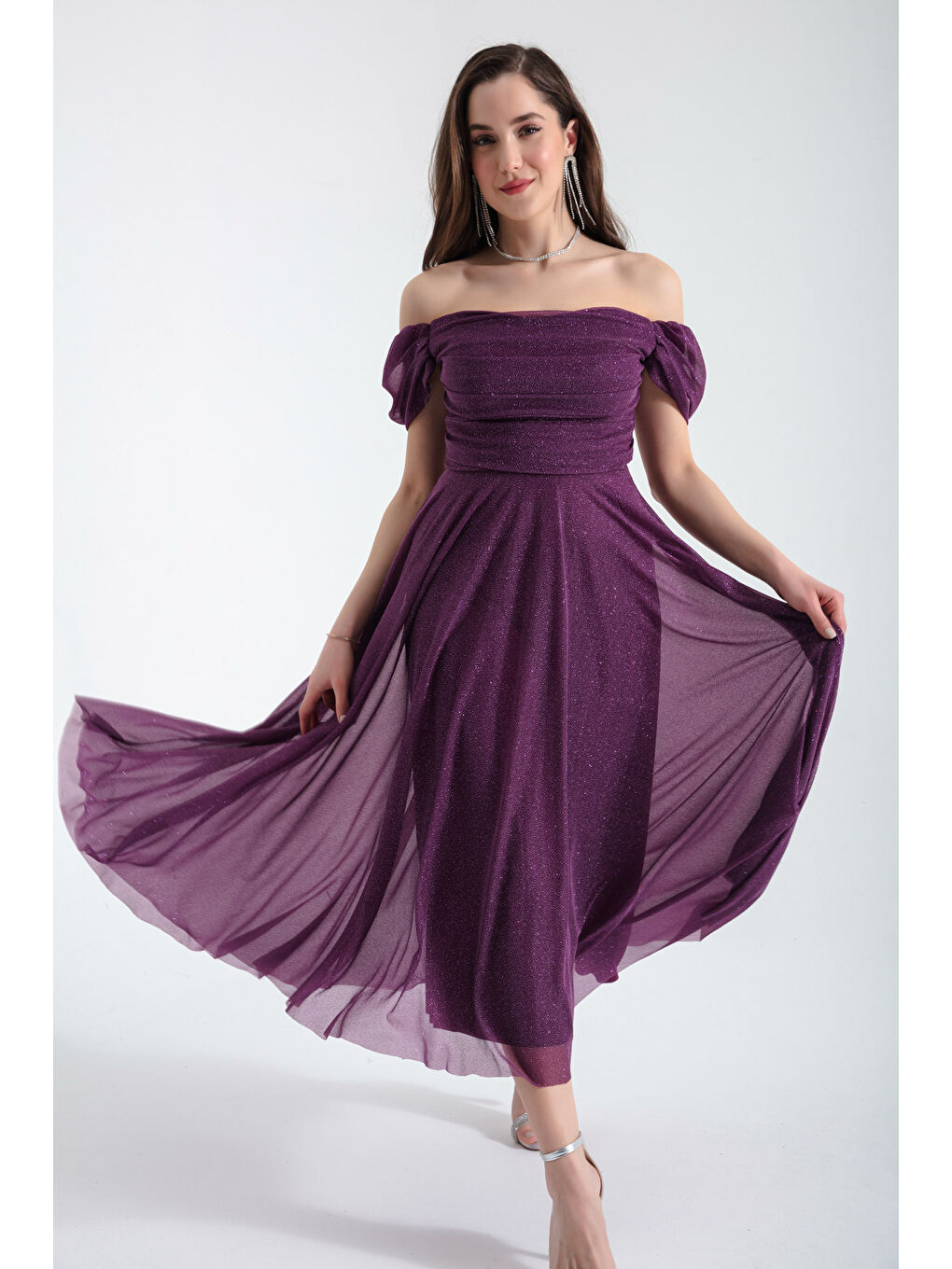 Kadın Mürdüm Kayık Yaka Drapeli Midi Kloş Abiye Elbise