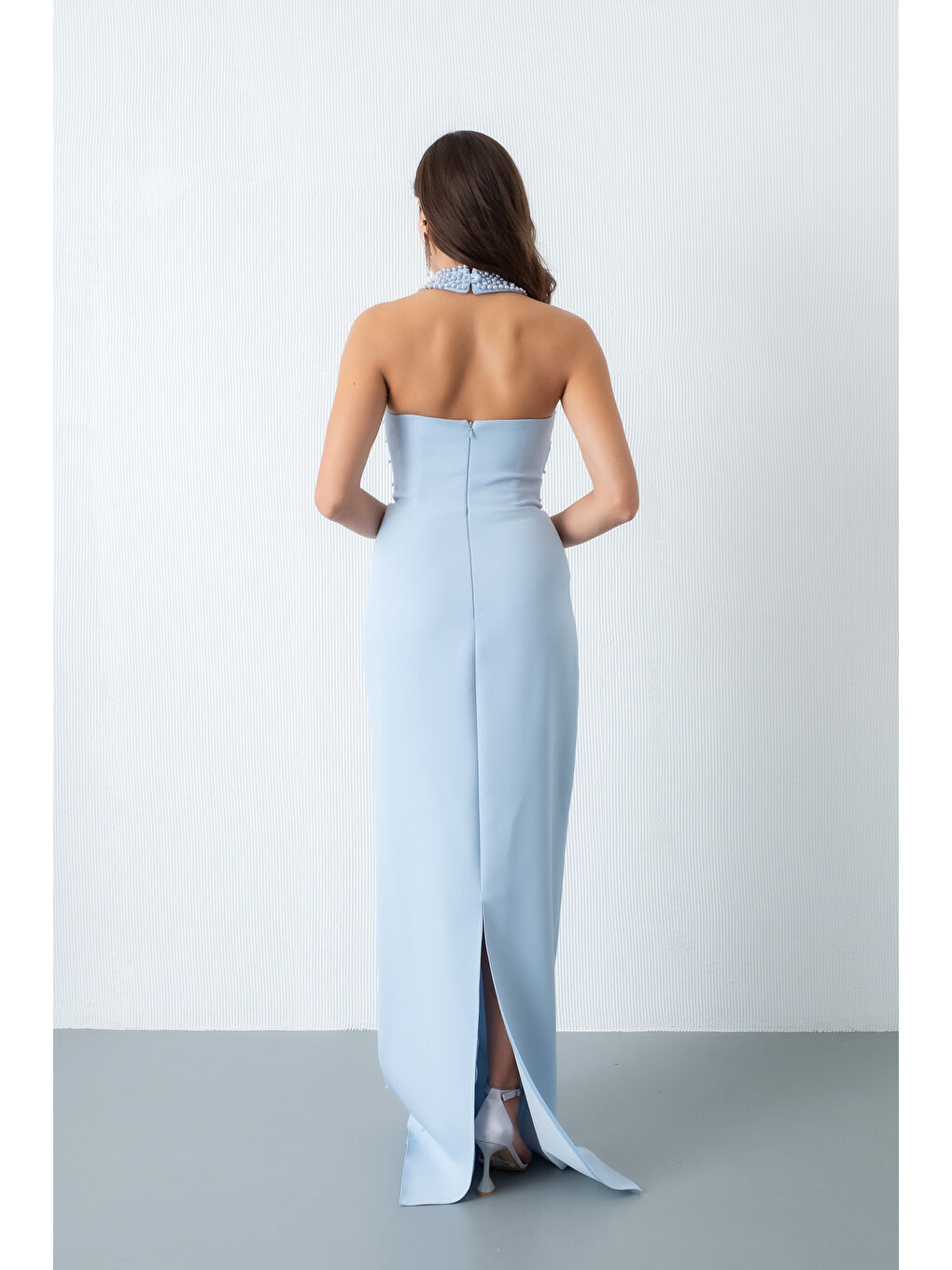 Kadın Bebe Mavi Halter Yaka İncili Söz Nişan Nikah Abiye Elbise-4