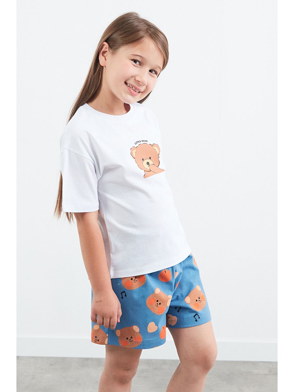 İndigo %100 Pamuk Ayıcık Baskılı Unisex Şortlu Pijama Takımı-2