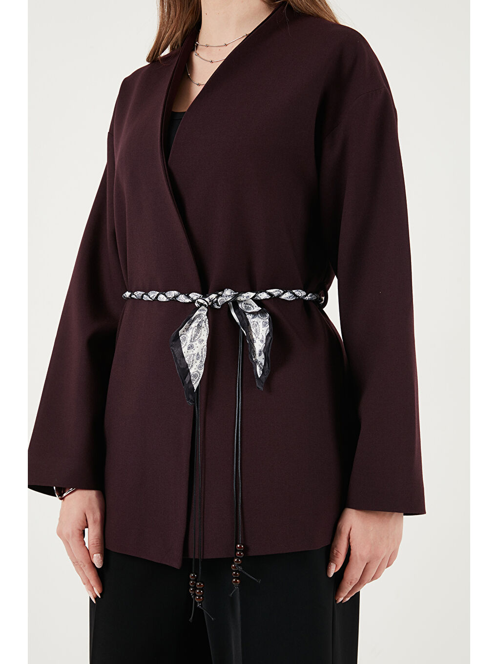 Mürdüm Regular Fit Kruvaze Yaka Fular Kemerli Kadın Blazer Ceket 6927673-4