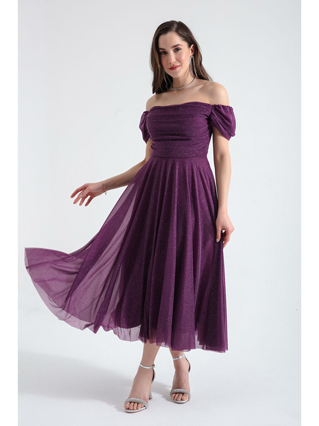 Kadın Mürdüm Kayık Yaka Drapeli Midi Kloş Abiye Elbise-1