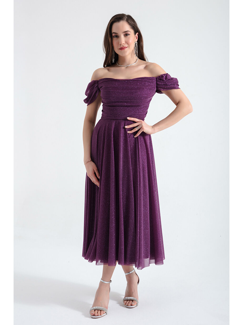 Kadın Mürdüm Kayık Yaka Drapeli Midi Kloş Abiye Elbise-2