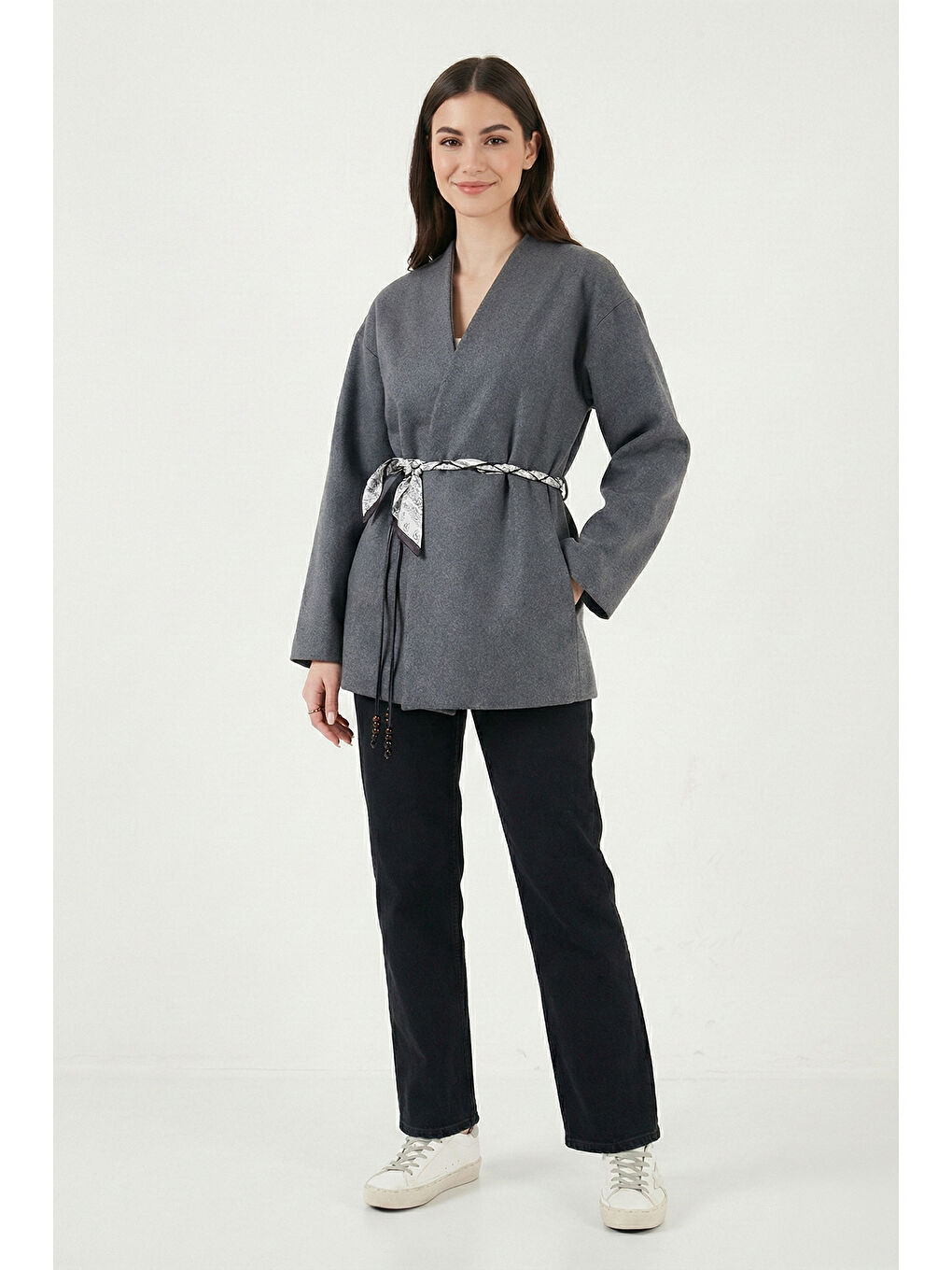 Antrasit Regular Fit Kruvaze Yaka Fular Kemerli Kadın Blazer Ceket 6927673-2