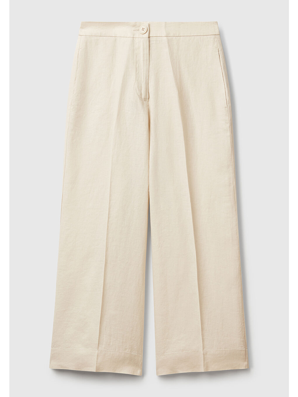 Bej Kadın Taş Rengi %100 Keten Düğmeli Fermuarlı Paçası Kesik Kloş Pantolon-1