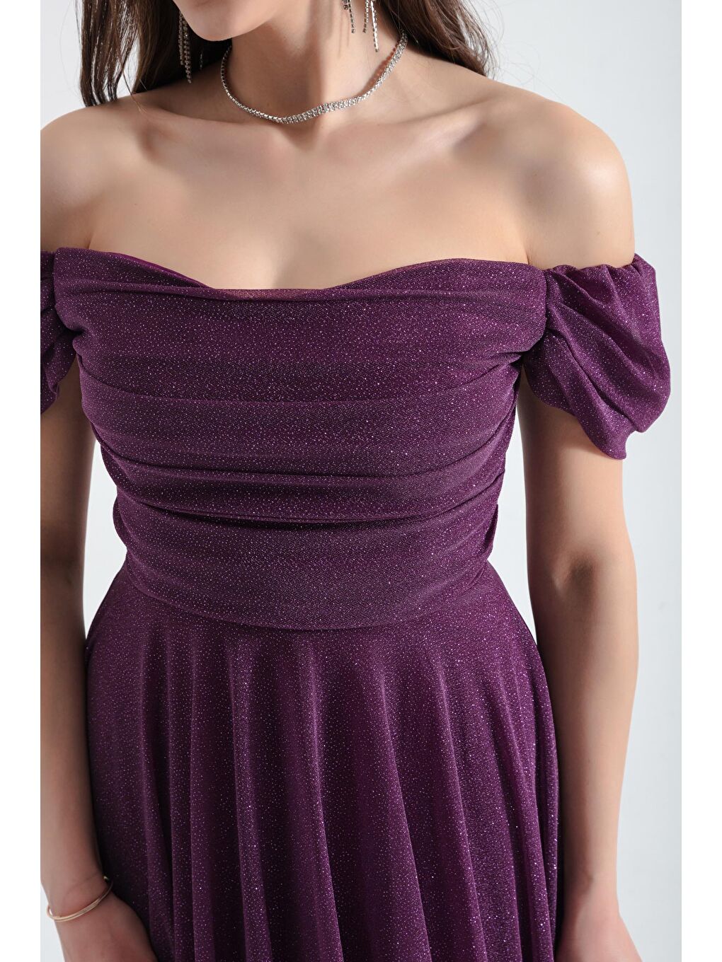 Kadın Mürdüm Kayık Yaka Drapeli Midi Kloş Abiye Elbise-3