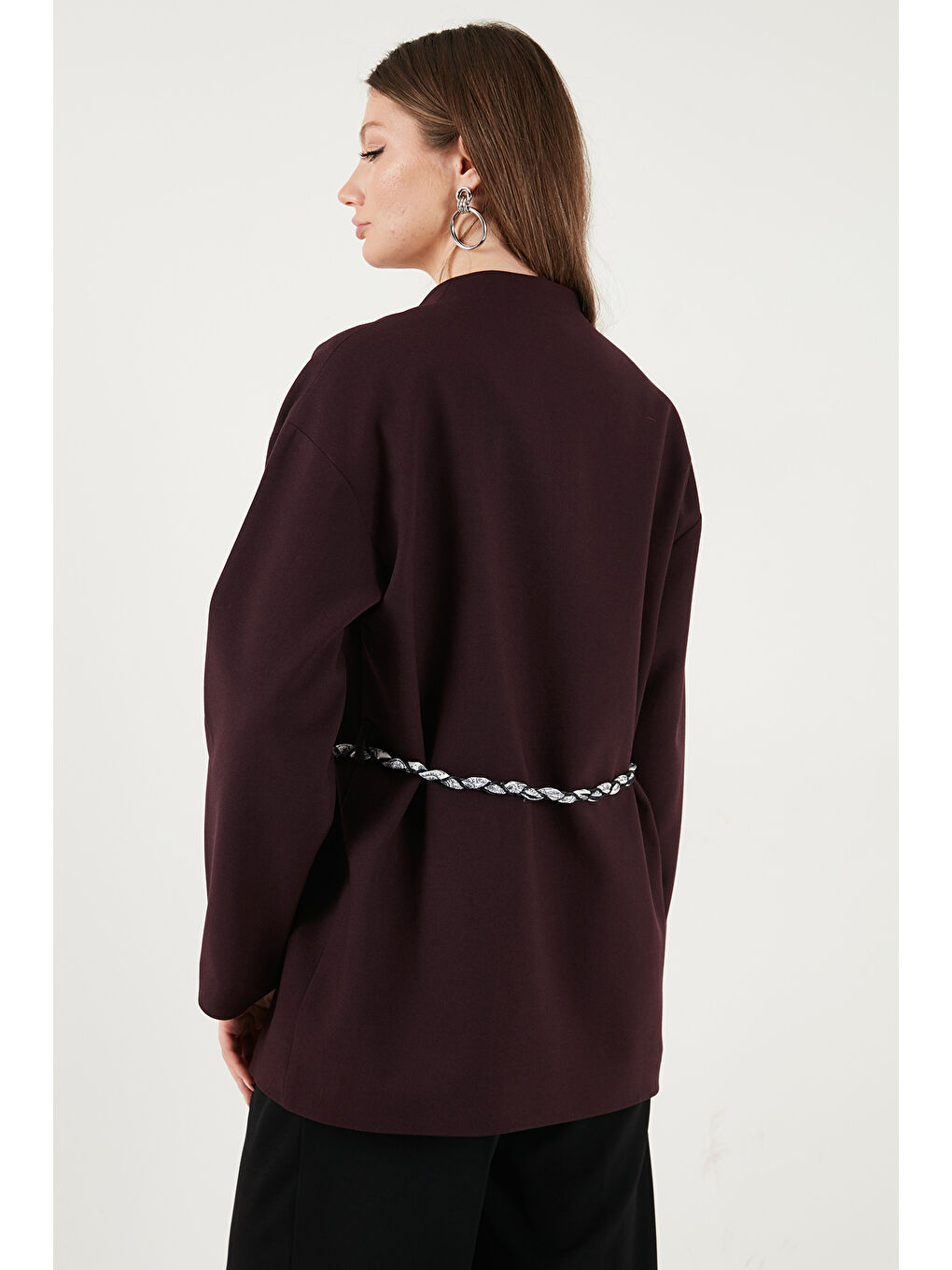 Mürdüm Regular Fit Kruvaze Yaka Fular Kemerli Kadın Blazer Ceket 6927673-5