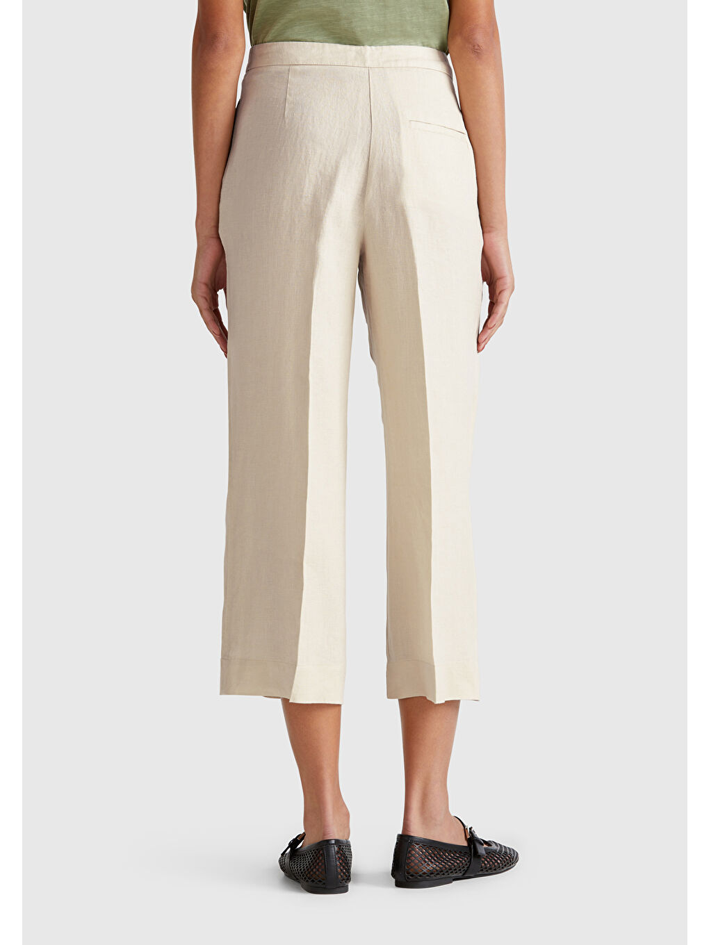 Bej Kadın Taş Rengi %100 Keten Düğmeli Fermuarlı Paçası Kesik Kloş Pantolon-2