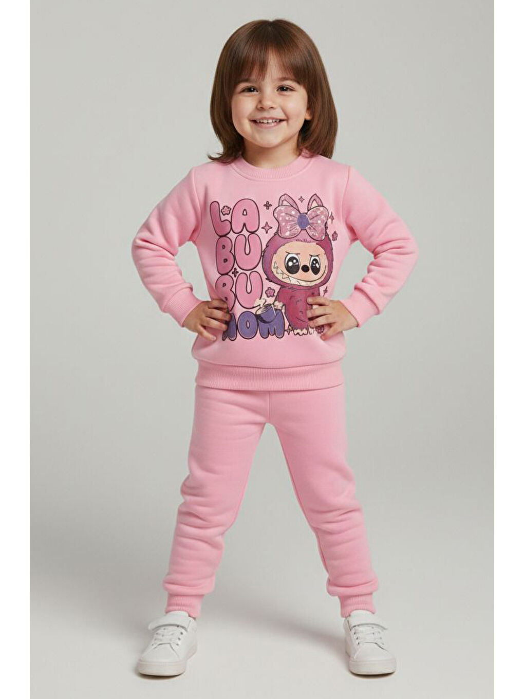 Kız Çocuk Pembe Baskılı Şardonlu Takım - 28099-PEMBE