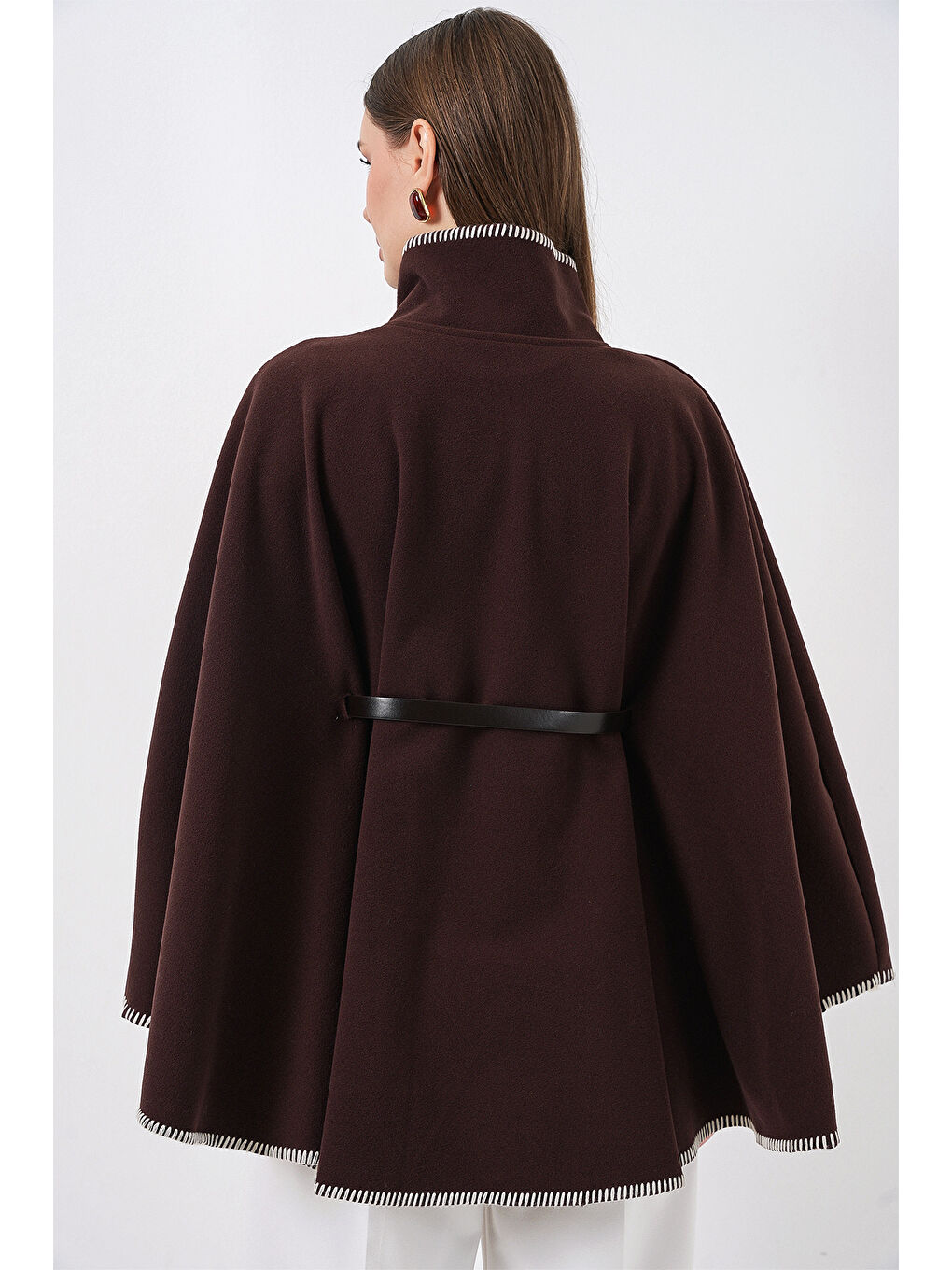 Kadın Dikiş Detaylı Kaşe Panço 9166 - Kahverengi-7