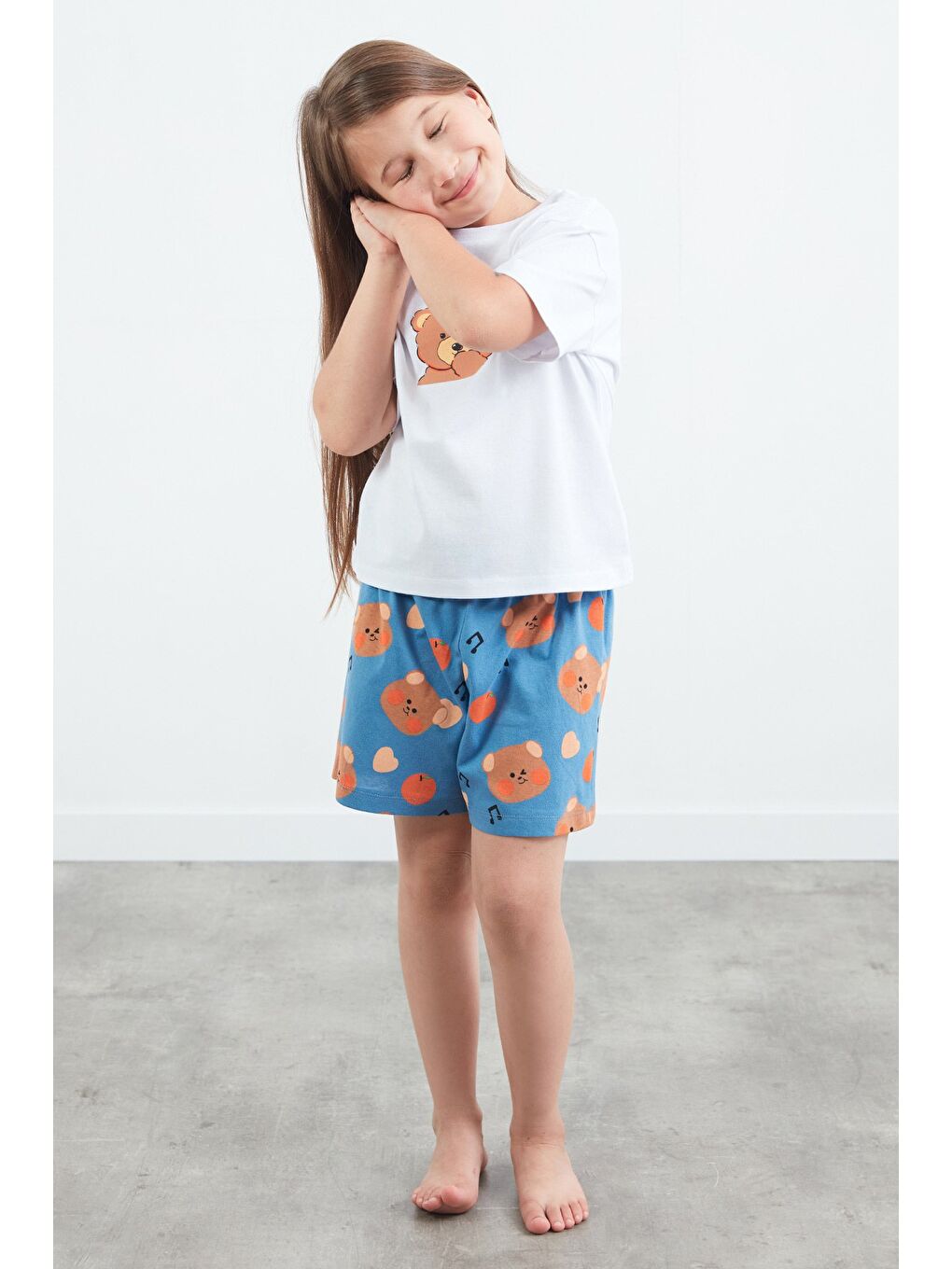 İndigo %100 Pamuk Ayıcık Baskılı Unisex Şortlu Pijama Takımı-3