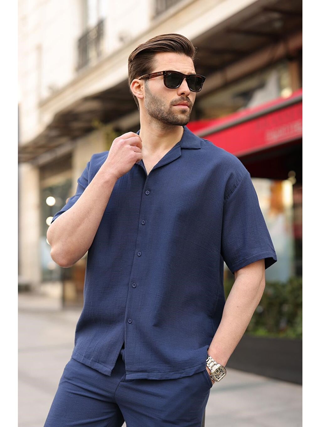 Lacivert %100 Pamuklu Erkek Şort Gömlek Takım E7360-4