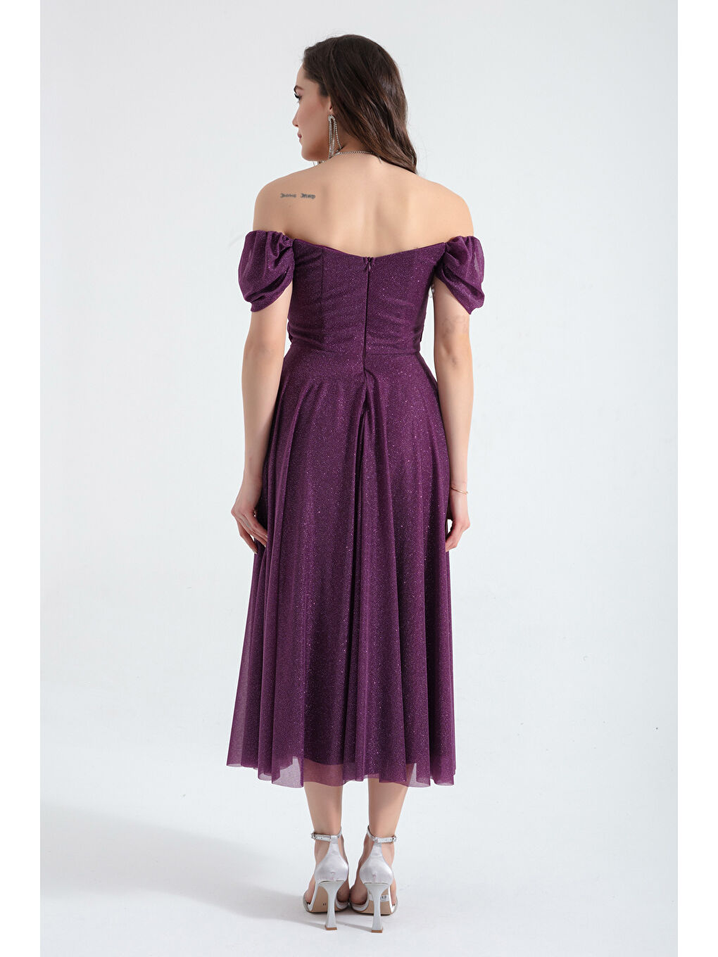 Kadın Mürdüm Kayık Yaka Drapeli Midi Kloş Abiye Elbise-4