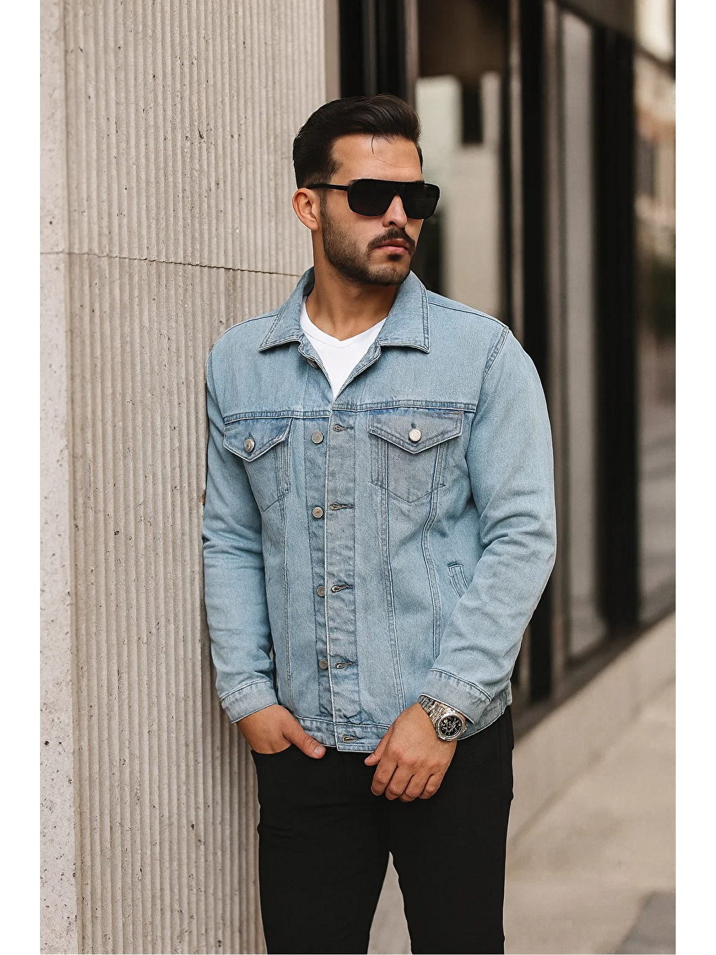 Beyaz Erkek Trend Polo Yaka Slim Fit Denim Jeans Açık Mavi Jean Ceket-3