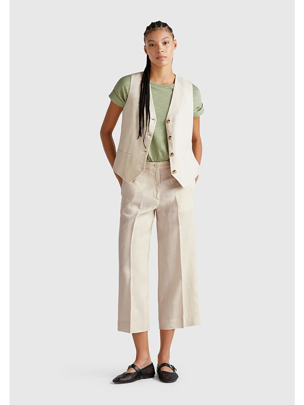 Bej Kadın Taş Rengi %100 Keten Düğmeli Fermuarlı Paçası Kesik Kloş Pantolon-4