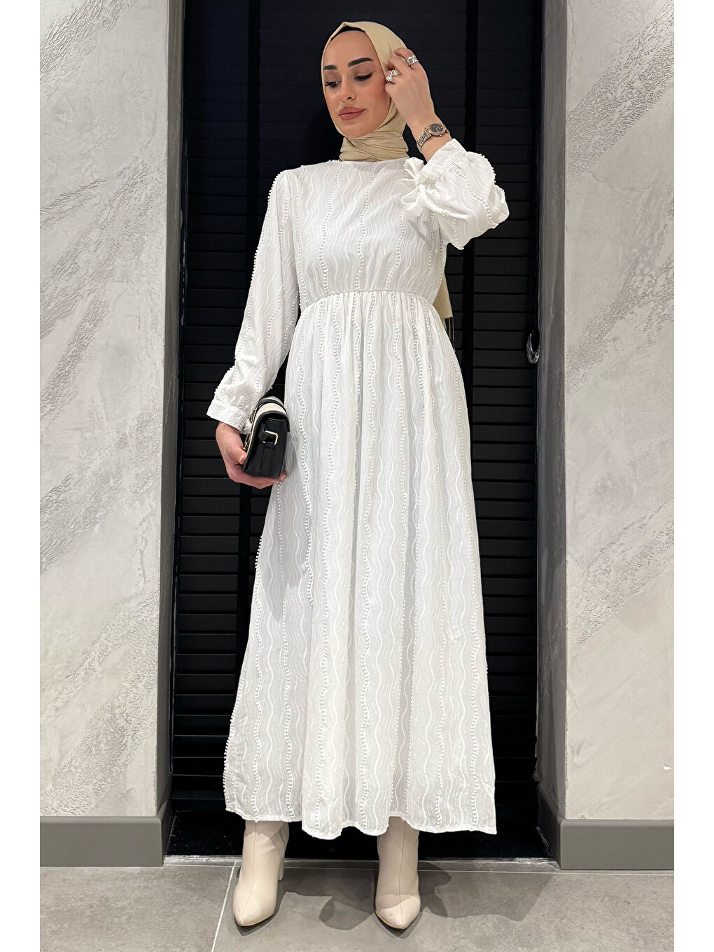 Ekru Kadın Bisiklet Yaka Bilek Bağlamalı Tesettür Fistolu Elbise-3