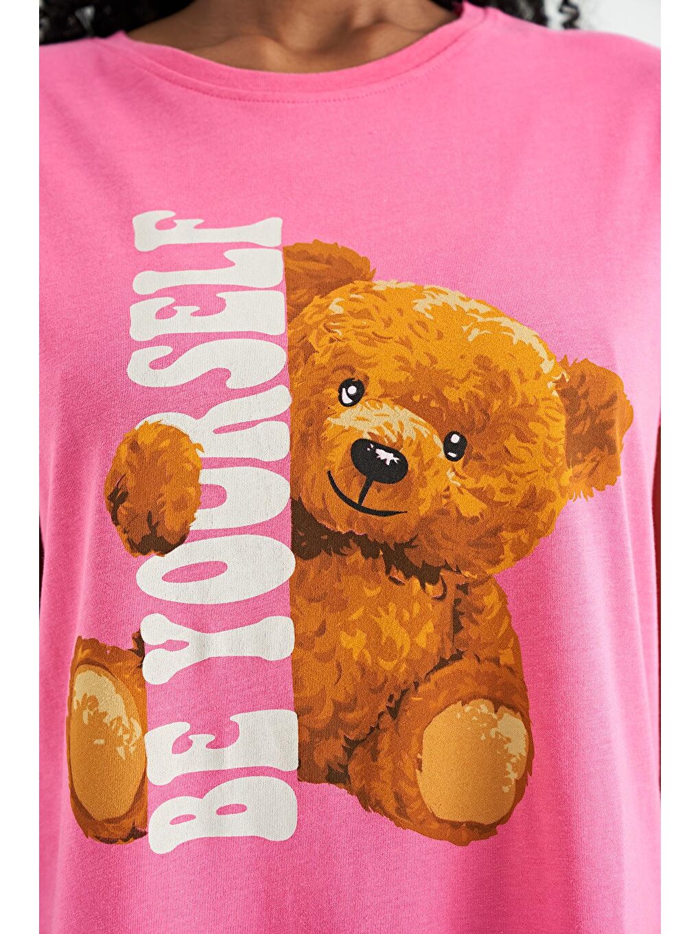 Veryperi Koyu Pembe Şeker Pembe Ayıcık Baskılı Kısa Kollu O Yaka Oversize Kadın T-Shirt - 02242 - 1