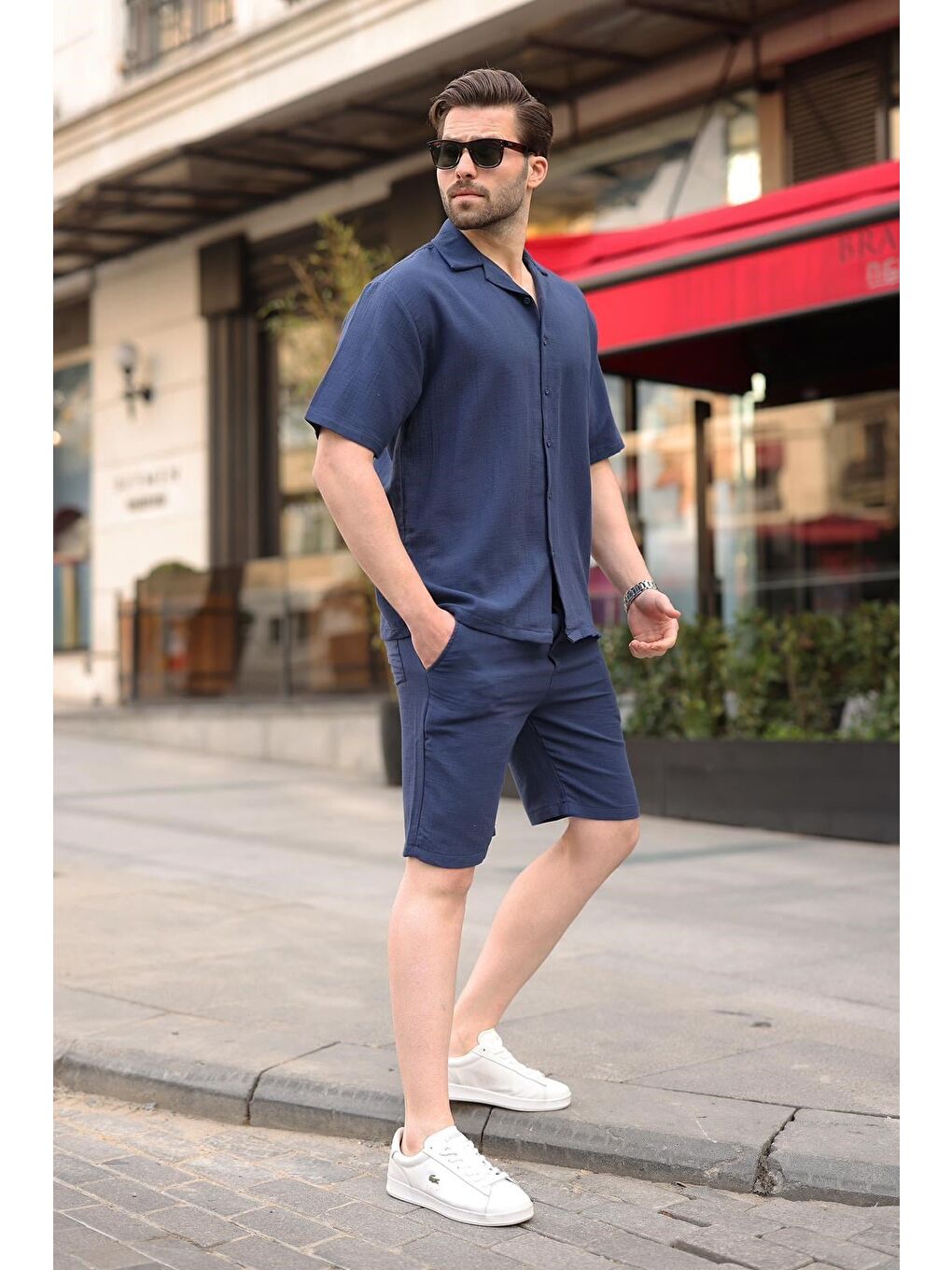 Lacivert %100 Pamuklu Erkek Şort Gömlek Takım E7360-5