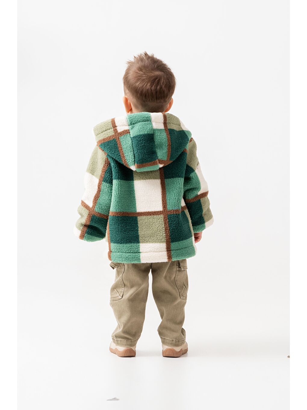 Erkek Çocuk Pamuklu Kapüşonlu Yeşil Ekose Fermuarlı Polar Mont-1