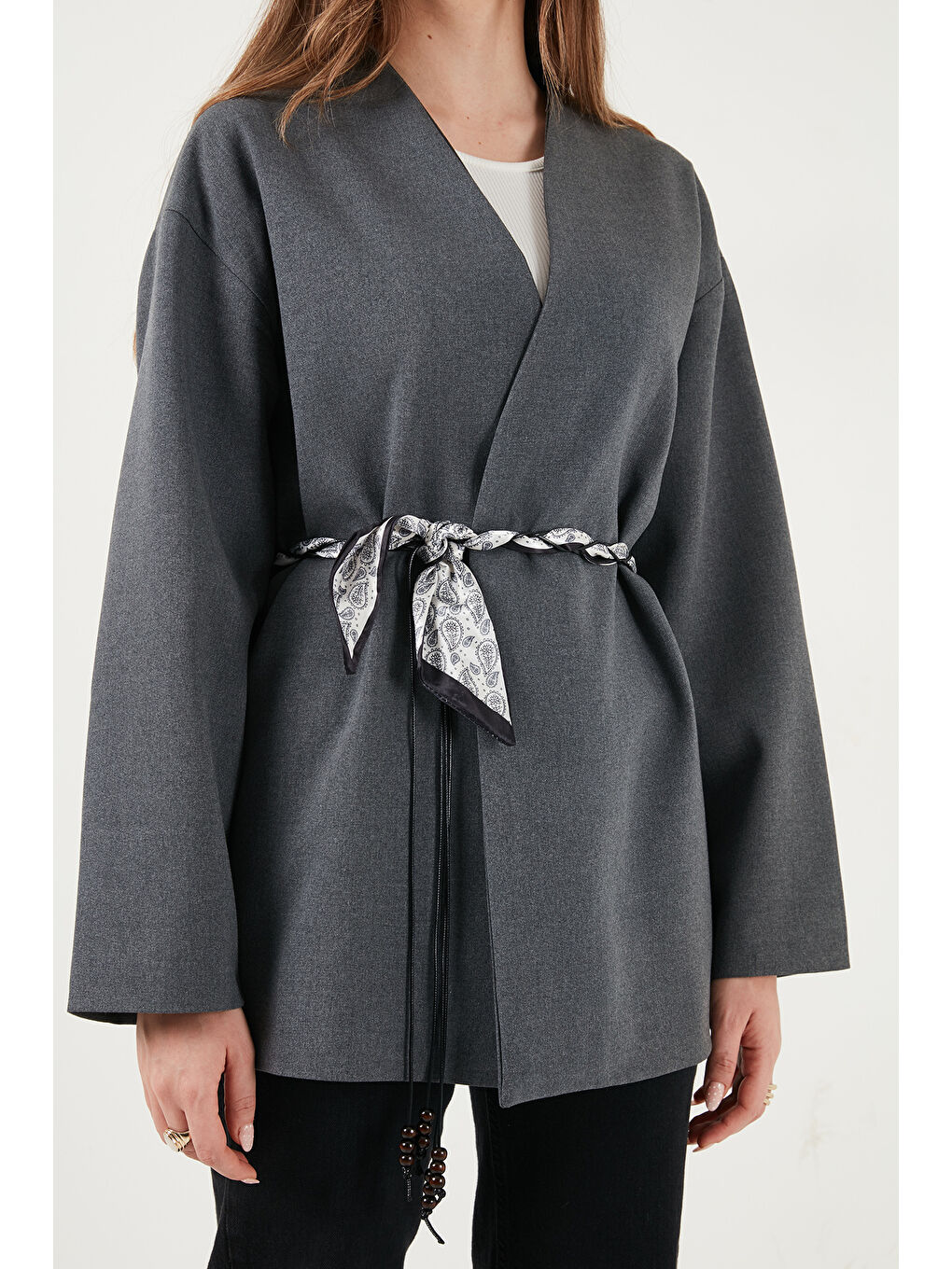 Antrasit Regular Fit Kruvaze Yaka Fular Kemerli Kadın Blazer Ceket 6927673-4