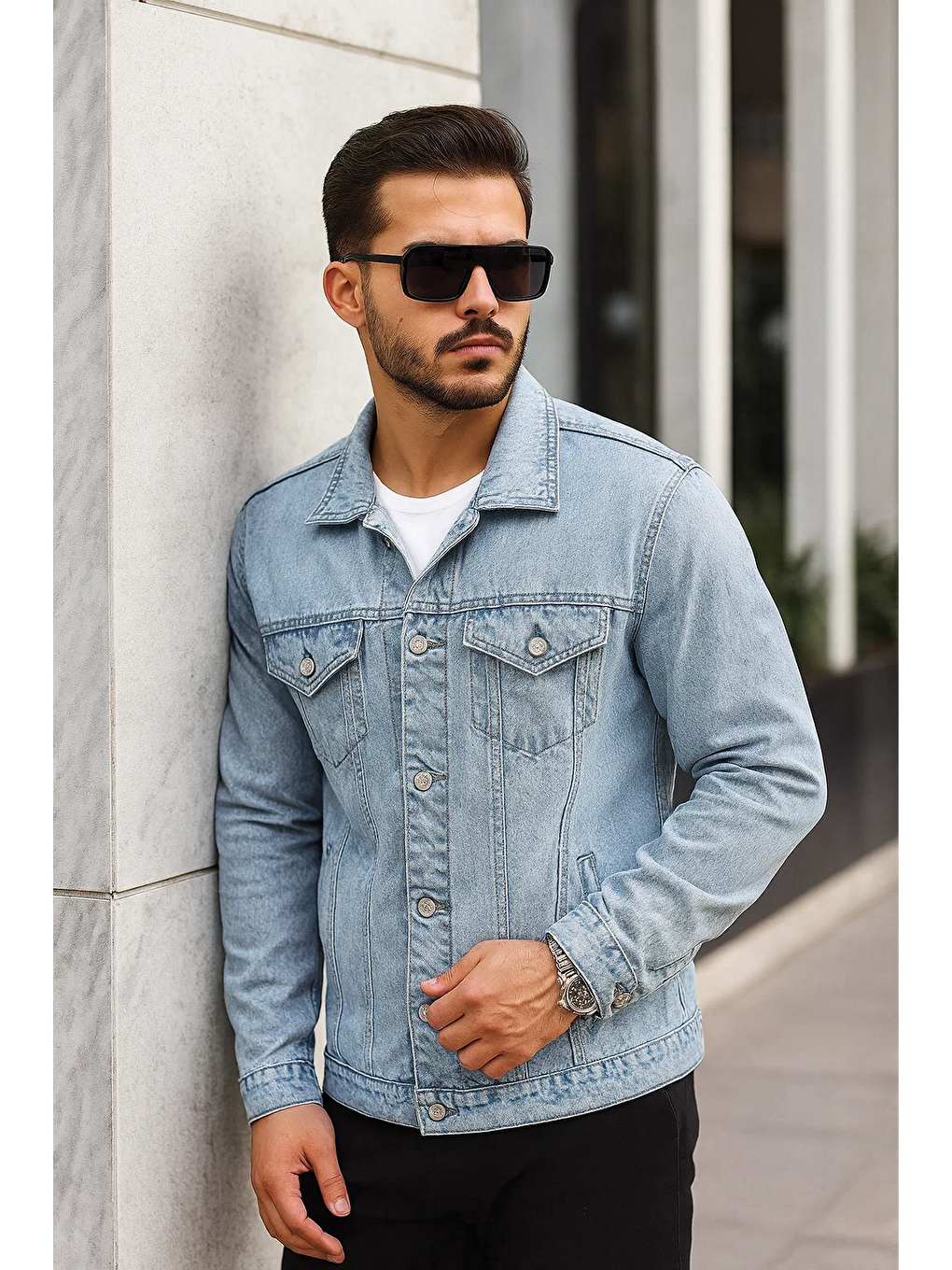 Beyaz Erkek Trend Polo Yaka Slim Fit Denim Jeans Açık Mavi Jean Ceket-4