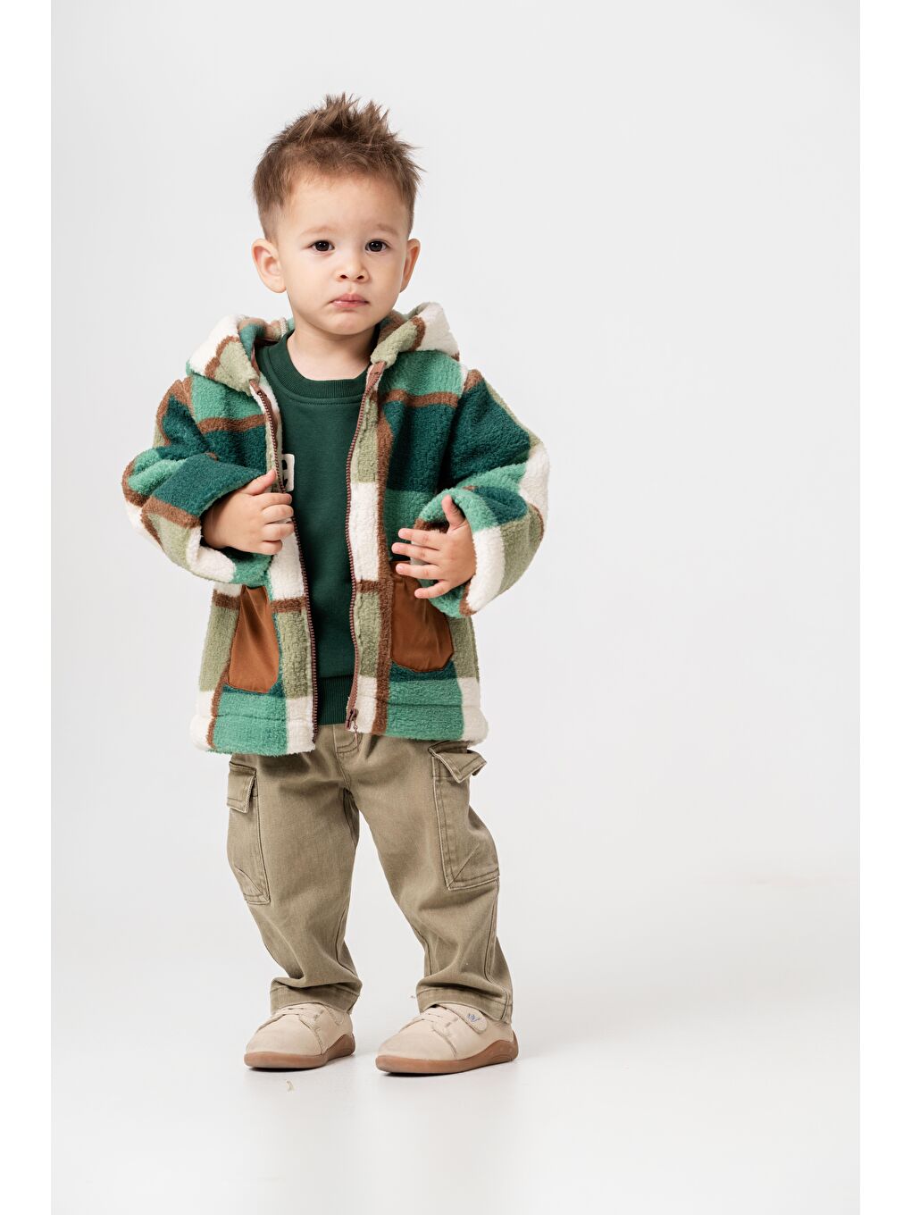 Erkek Çocuk Pamuklu Kapüşonlu Yeşil Ekose Fermuarlı Polar Mont-2
