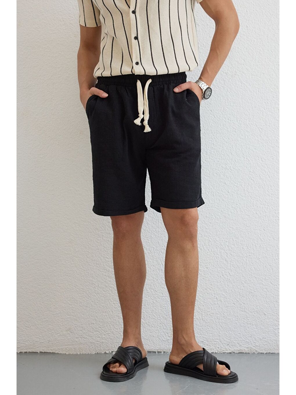 Siyah Sangi Erkek Keten Rahat Kalıp Şort