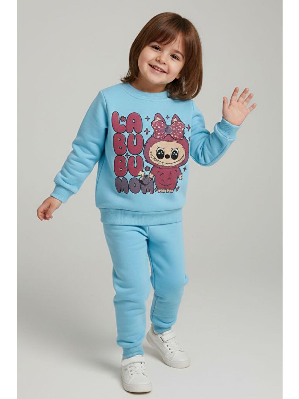 Kız Çocuk Bebe Mavi Baskılı Şardonlu Takım- 28099-BEBE-MAVI