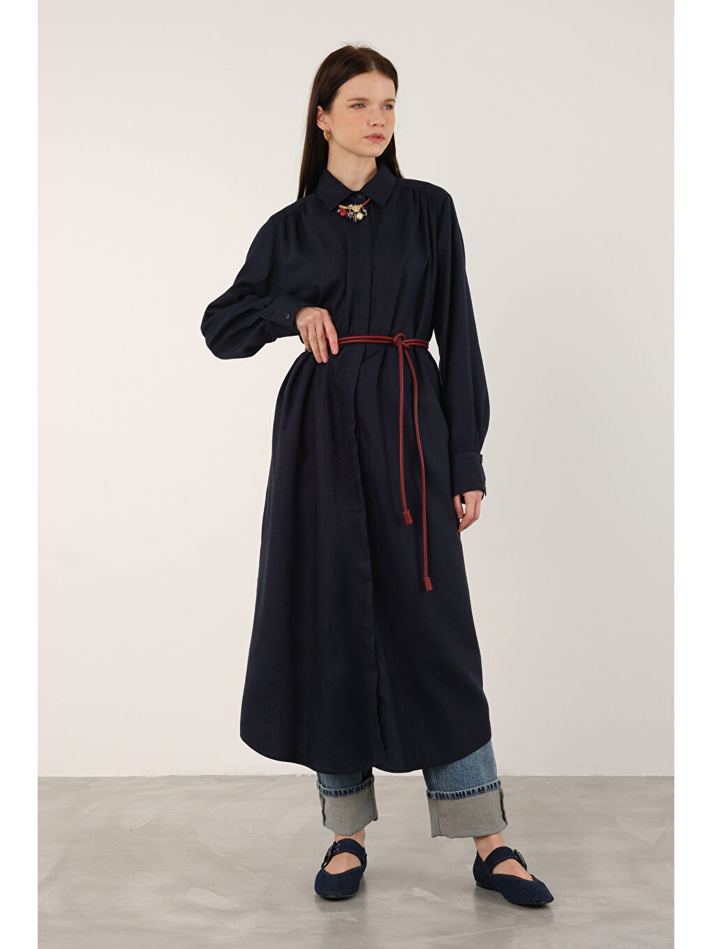 Uzun Keten Gömlek Ofis Lacivert