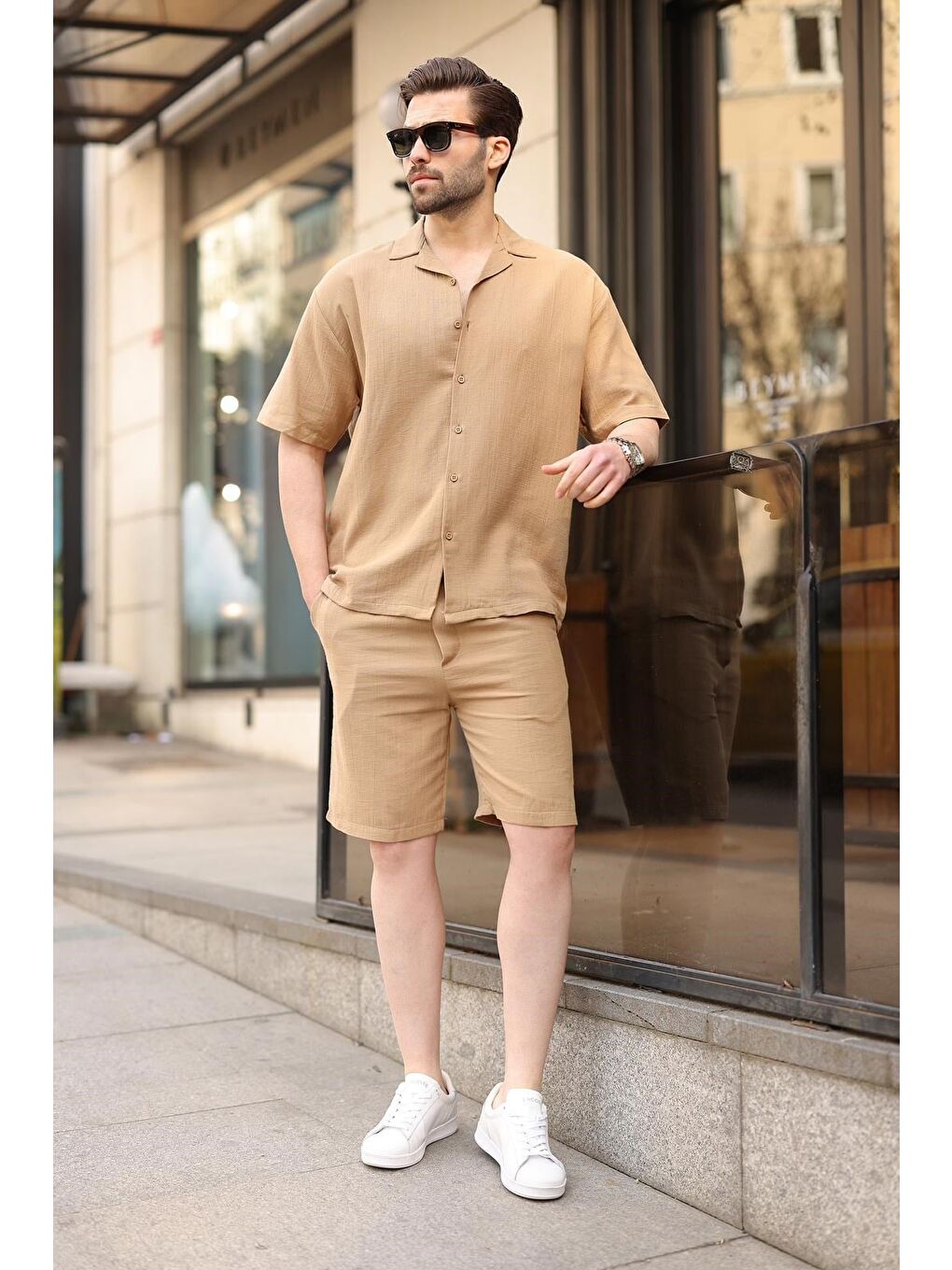 Bej Vizon %100 Pamuklu Erkek Şort Gömlek Takım E7360