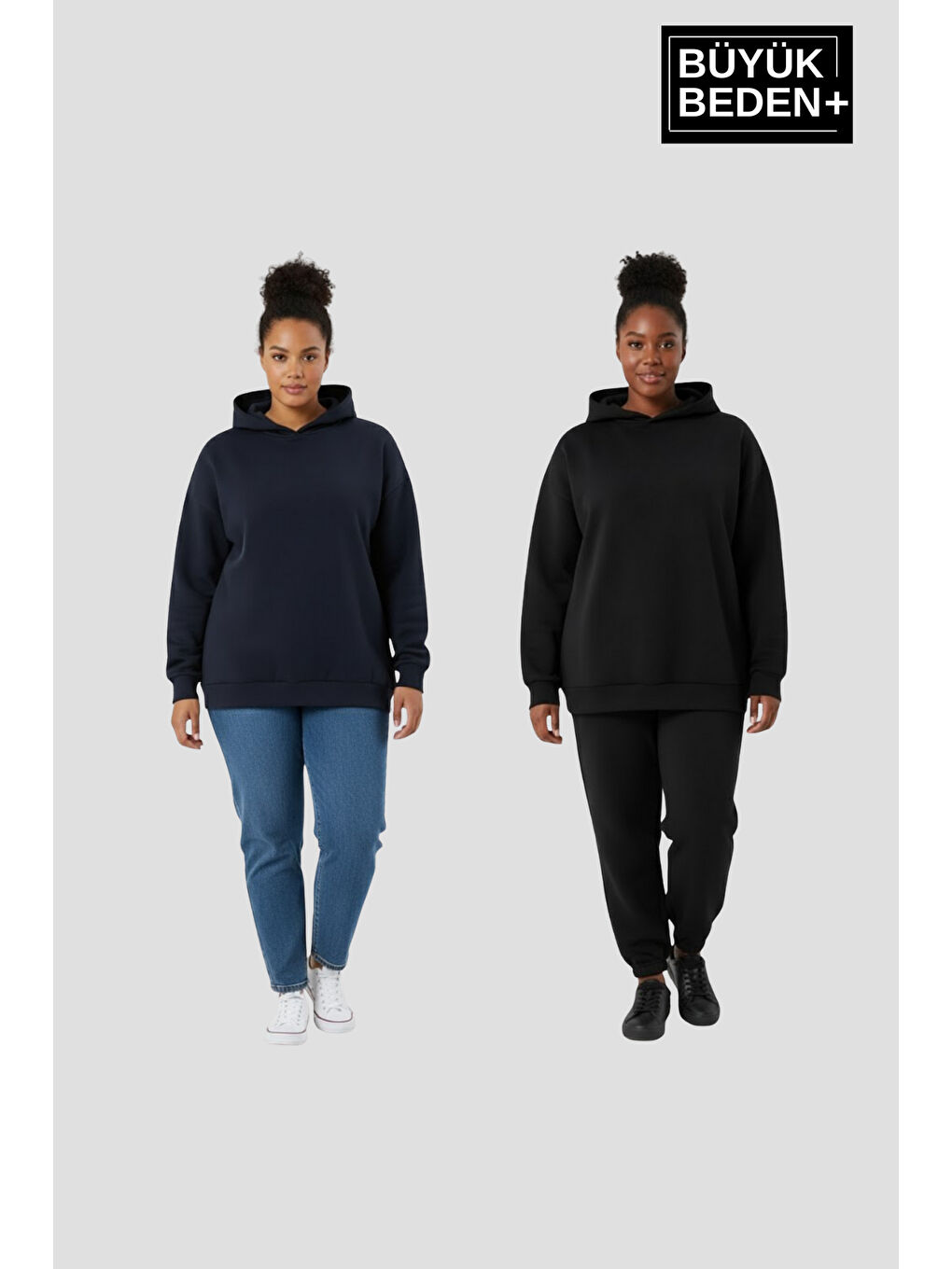 Lacivert Kadın Büyük Beden 2' li Set Kapüşonlu Kollar Ve Etek Ribanalı ince Swatshırt SPR26BSWK957+2