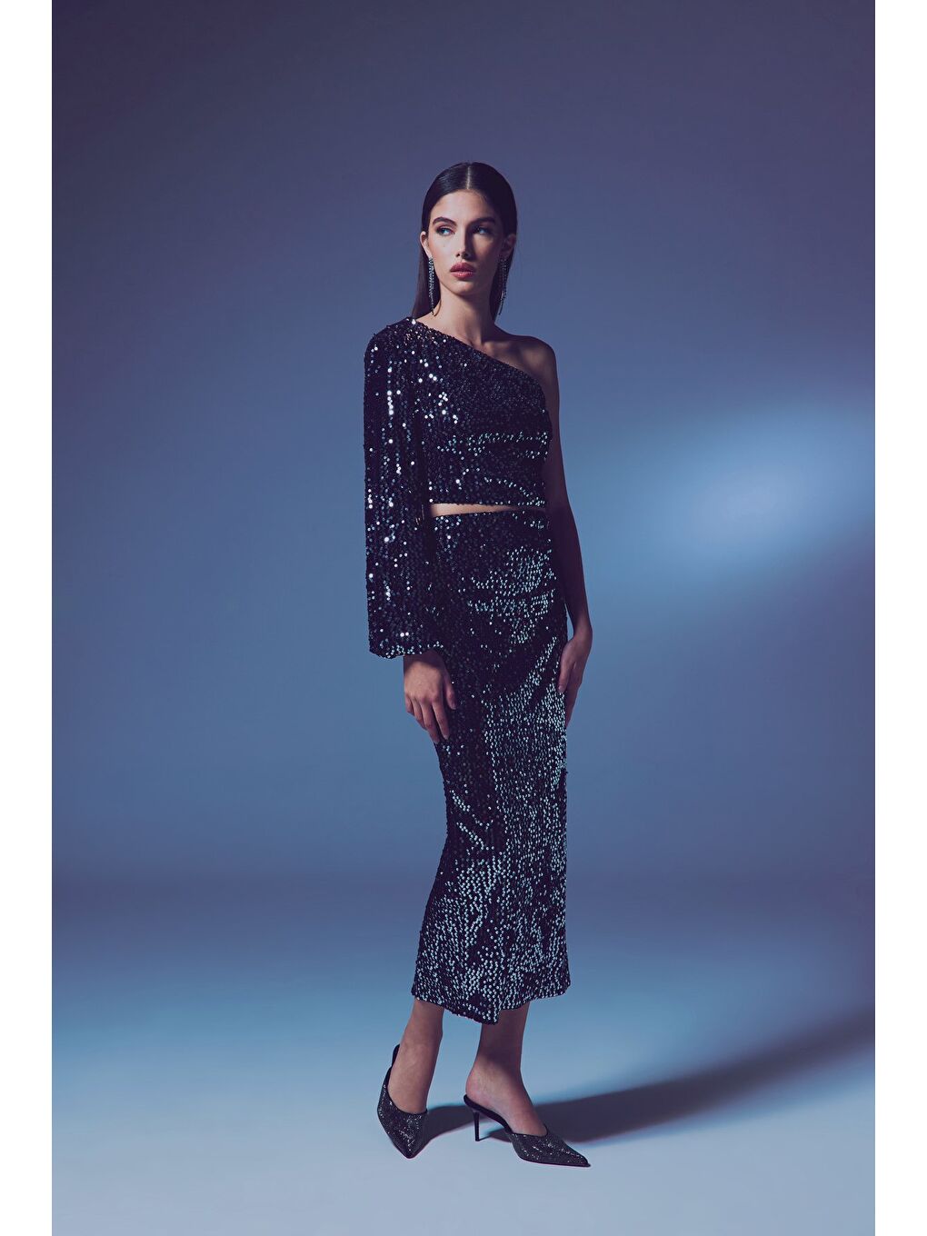 Gri Kadife Payetli Midi Etek - Gümüş-1