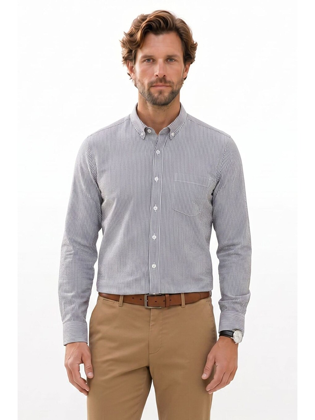 Erkek Slim Fit Dar Kesim %100 Pamuk Düğmeli Yaka Çizgili Uzun Kollu Cepli Keten Siyah-beyaz Gömlek