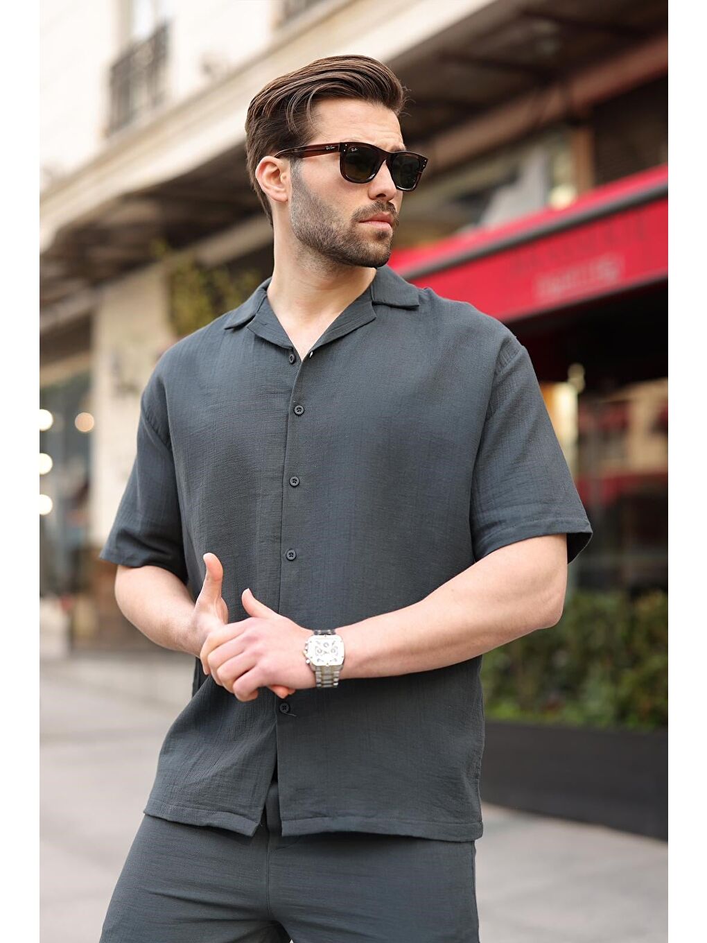 Gri Füme %100 Pamuklu Erkek Şort Gömlek Takım E7360-1